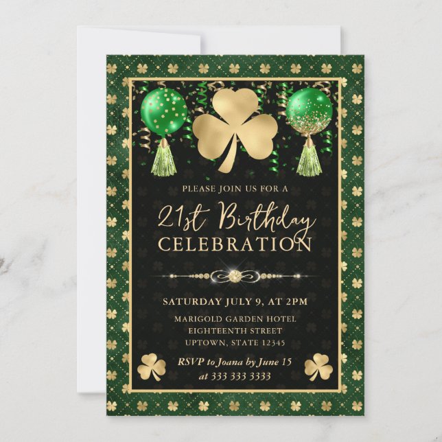 Elegant grön och guld Shamrock 21-årsdag Inbjudningar (Framsida)