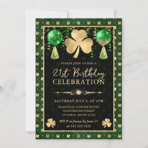 Elegant grön och guld Shamrock 21-årsdag Inbjudningar