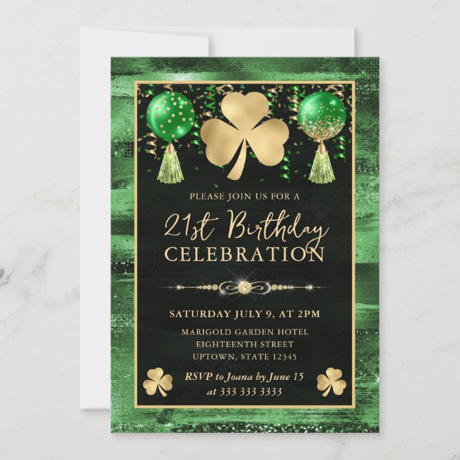 Elegant grön och guld Shamrock 21-årsdag Inbjudningar (Framsida)