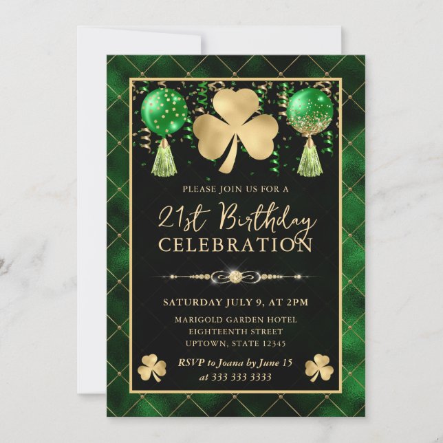 Elegant grön och guld Shamrock 21-årsdag Inbjudningar (Framsida)