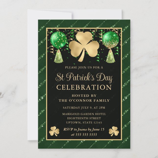 Elegant grön och guld Shamrock St Patrick's Day Inbjudningar (Framsida)