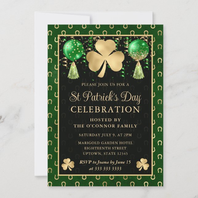 Elegant grön och guld Shamrock St Patrick's Day Inbjudningar (Framsida)