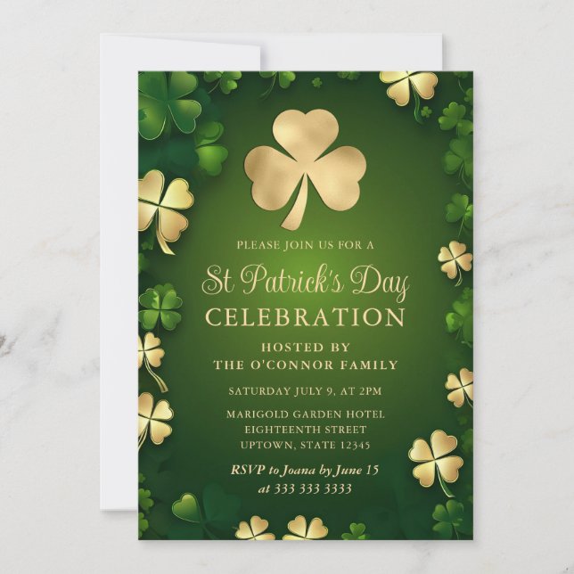 Elegant grön och guld Shamrock St Patrick's Day Inbjudningar (Framsida)