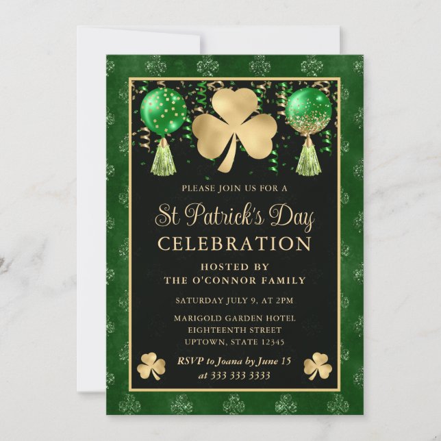 Elegant grön och guld Shamrock St Patrick's Day Inbjudningar (Framsida)