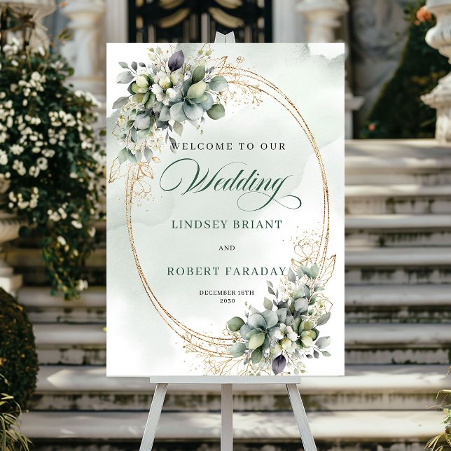 Elegant grön och guld välkomstskylt för bröllop poster (Elegant Green and Gold Welcome Wedding Sign)