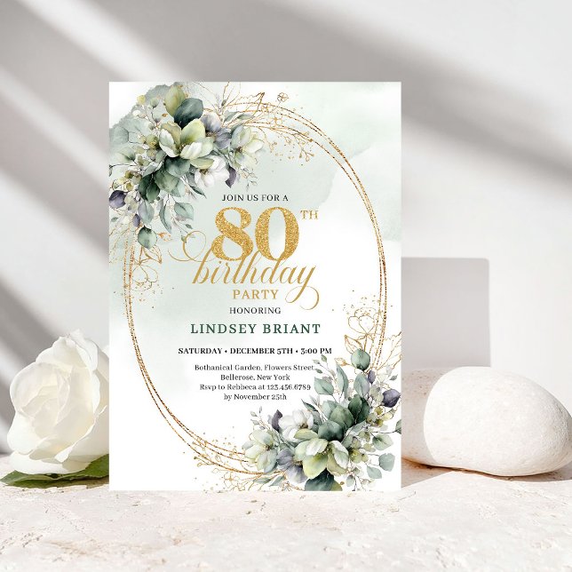 Elegant grön och guldblommig 80-års födelsedags ko inbjudningar (Elegant Green and Gold Floral 80th Birthday Card)
