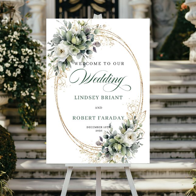 Elegant grön och guldgrön bladrik välkomstskylt fö poster (Chic green and gold foliage wedding welcome sign)
