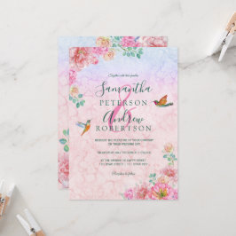 Elegant grön och rosa akvarell blom-fågel bröllop inbjudningar