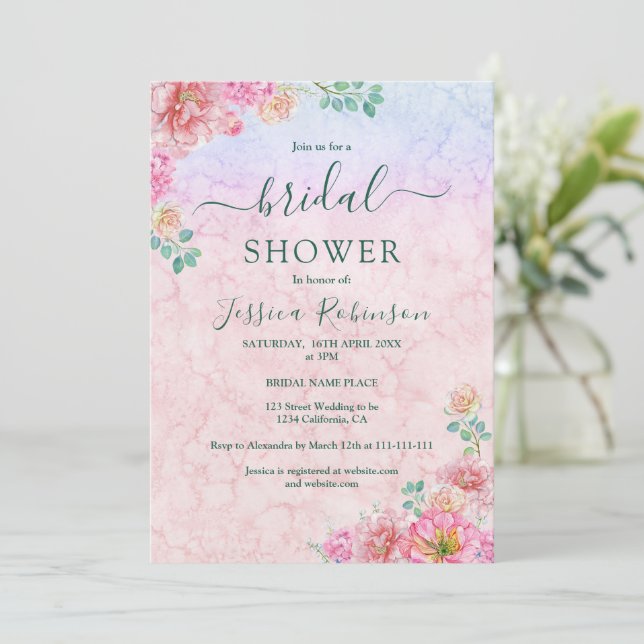 Elegant grön och rosa akvarellblommig bröllopsdusc inbjudningar (Stående Fram)