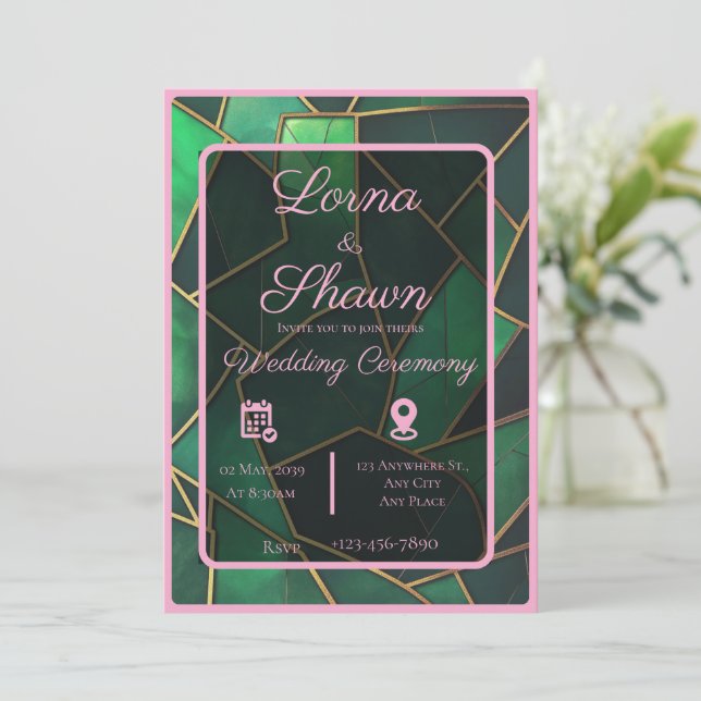Elegant grön och rosa överlagring bröllopsinbjudan inbjudningar (Stående Fram)