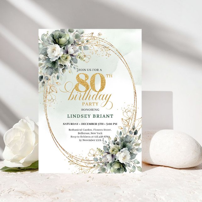 Elegant grön och vit 80-års födelsedagsinbjudan inbjudningar (Elegant Green and White 80th Birthday Invitation)