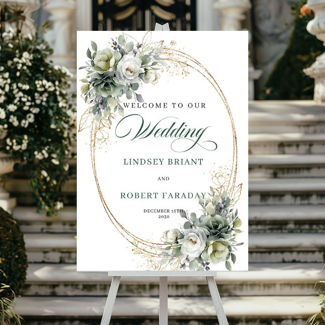 Elegant grön och vit välkomstskylt för bröllop poster (Elegant Green and White Wedding Welcome Sign)