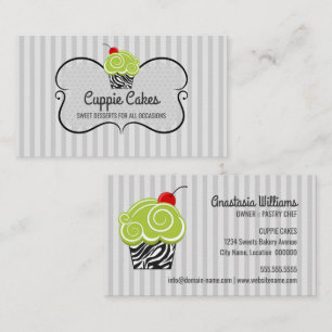 Elegant grön och zebrarandig cupcake-bakning visitkort