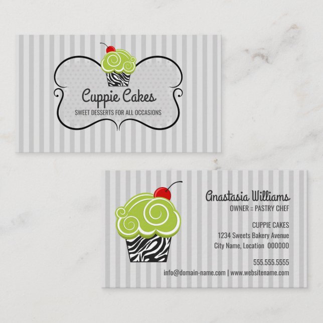 Elegant grön och zebrarandig cupcake-bakning visitkort (Fram/baksida)