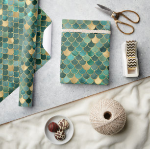 Elegant grön ombré-folie & guld-fjäll på sjöjungfr presentpapper