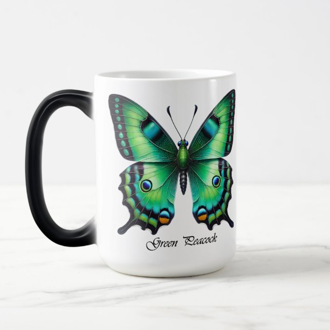 Elegant Grön Påfågelssommerfugel Wrap Magisk Mugg (Vänster)
