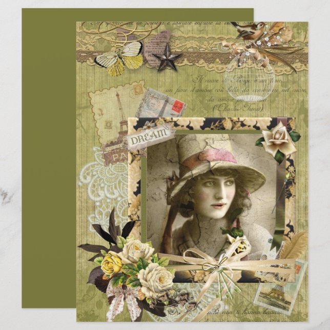 Elegant grön Paris dröm collage Scrapbook papper (Fram/baksida)