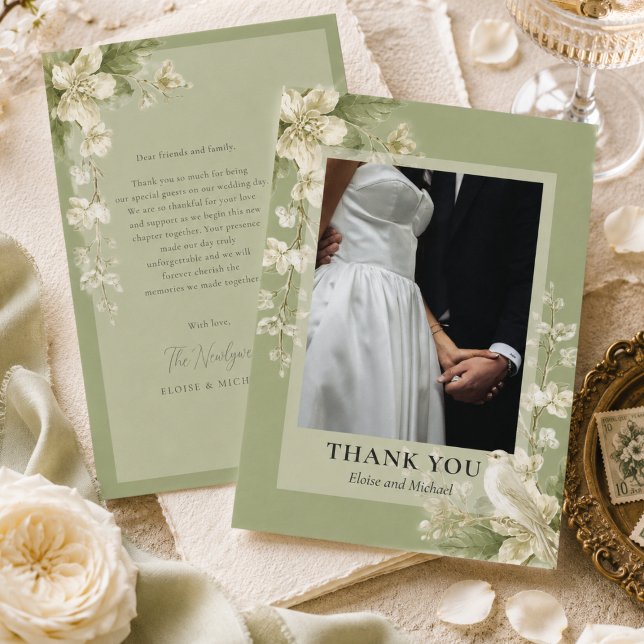 Elegant grön pistagenblomsterbröllop tack kort (Elegant Pistachio Green Floral Wedding Thank You Card)