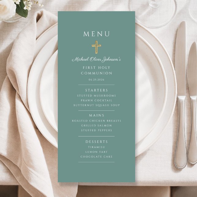Elegant grön pojke första kommunion meny (Elegant Green Boy First Communion Menu)