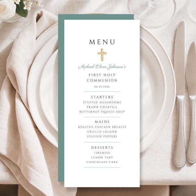 Elegant grön pojke första nattvarden meny (Elegant Green Boy First Communion Menu)
