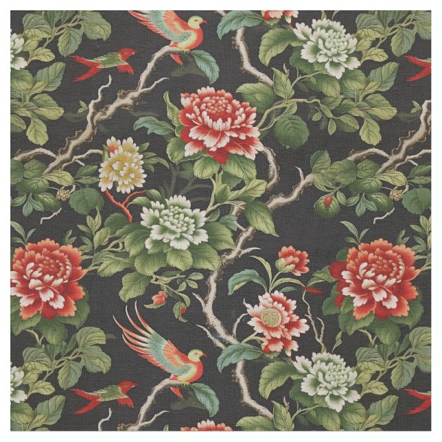 Elegant grön röd blomster chinoiserie tyg (Närbild)