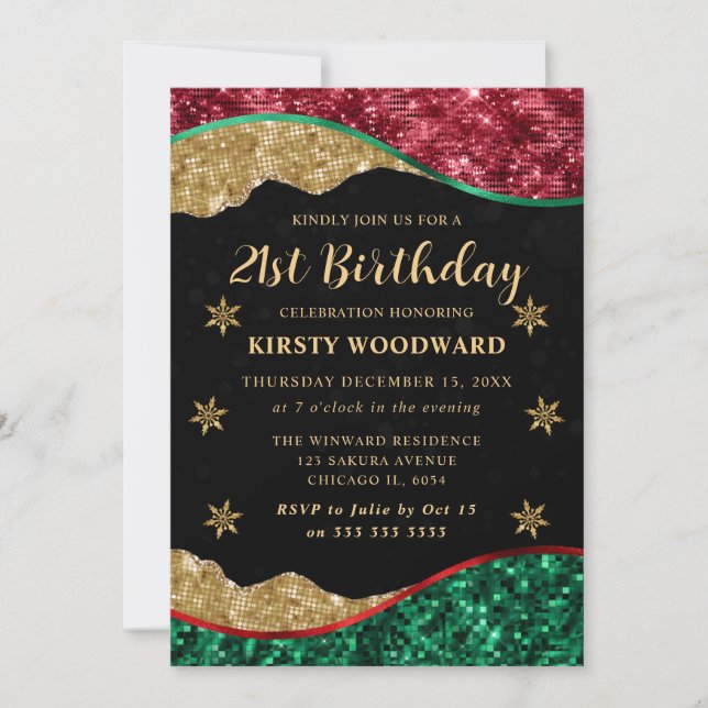 Elegant Grön Röd & Guld Snöflinga 21-årsdag Inbjudningar (Framsida)