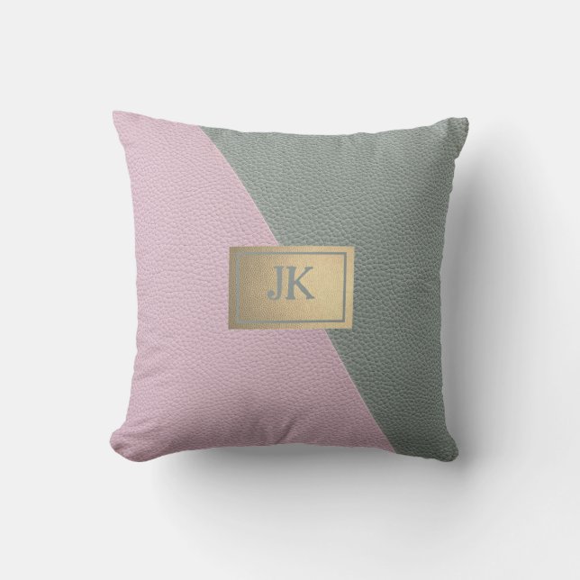 Elegant grön rosa lädermonogram   kudde (Framsida)