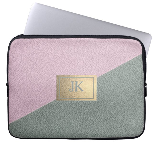Elegant grön rosa lädermonogram   laptop fodral (Framsidan)