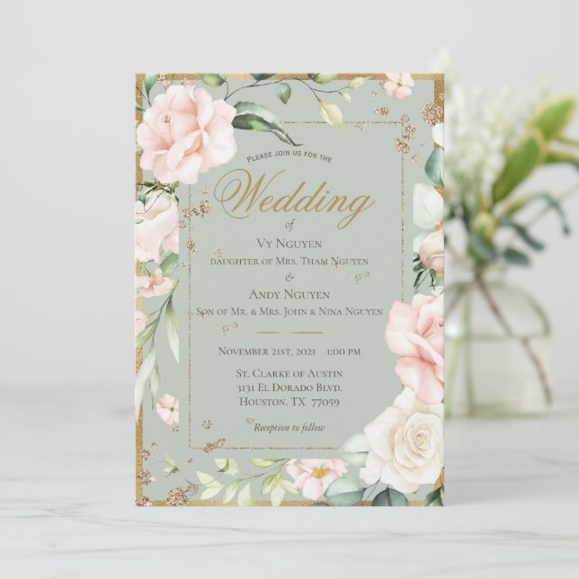 Elegant grön rosafärgad vattenfärg blommig bröllop inbjudningar (Stående Fram)