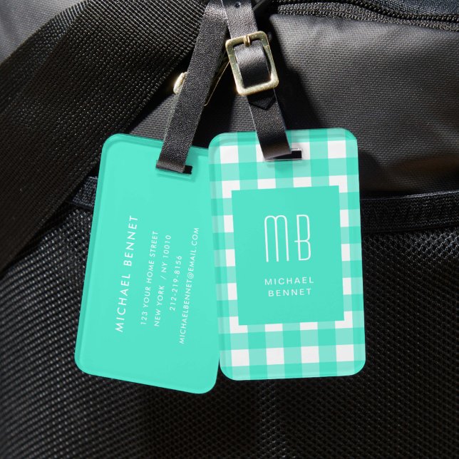 Elegant grön rutig monogram bagagebricka (Elegant Green Gingham Monogram Luggage Tag)