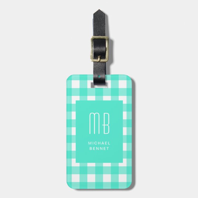 Elegant grön rutig monogram bagagebricka (Vertikal Framsida)