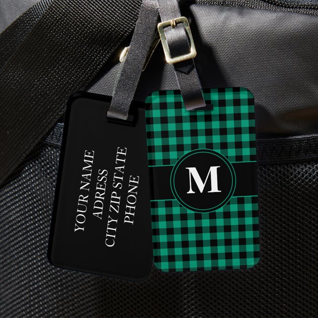 Elegant grön rutig mönster monogram bagagebricka (Monogram Green & Black Gingham Pattern Luggage Tag)