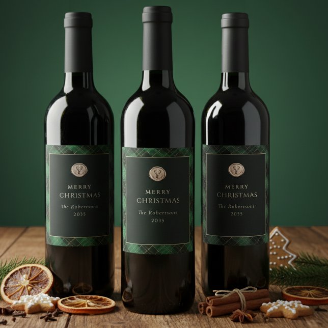 Elegant grön rutmönster God Jul festlig Vinflaska Etikett (Christmas Green Plaid Wine Labels)