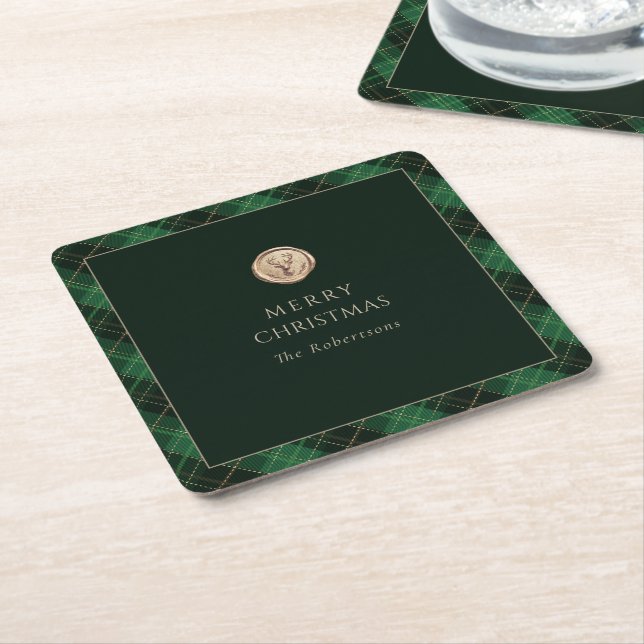Elegant grön rutmönstrad God Jul Underlägg Papper Kvadrat (Vinklad)