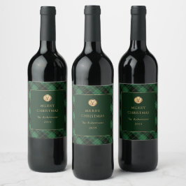 Elegant grön rutmönstrad God Jul Vinflaska Etikett