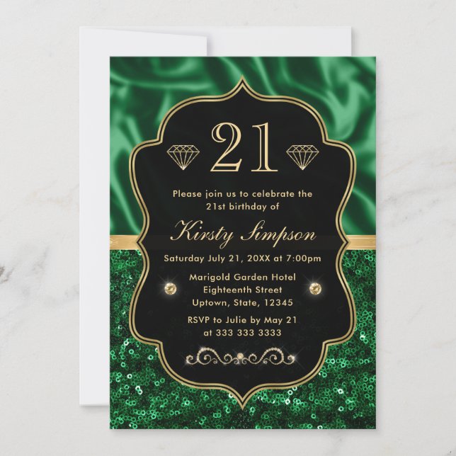 Elegant grön satin & glitter guld ram födelsedag inbjudningar (Framsida)