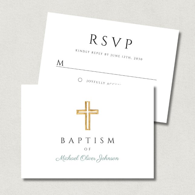 Elegant grön script boy dop  OSA kort (Elegant Green Script Boy Baptism RSVP Card)