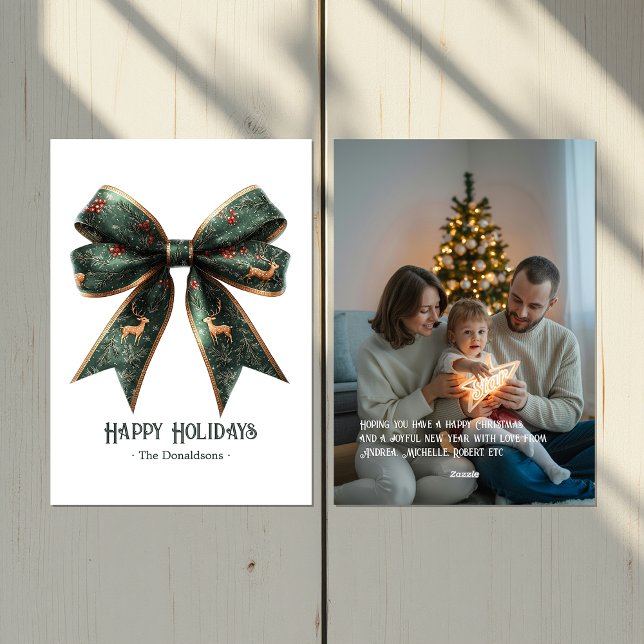 Elegant grön slinga julbild julkort (Elegant Green Bow Holiday Photo Holiday Card)