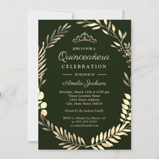 Elegant grön smaragd guldkrans Quinceanera Inbjudningar (Framsida)