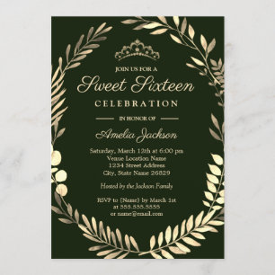 Elegant grön smaragd guldkrans Sweet Sixteen Inbjudningar