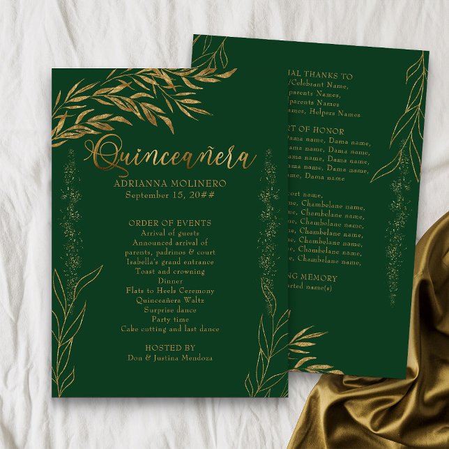 Elegant grön smaragd och guldblad Quinceanera Program (Emerald Green Quinceanera Program from my Gold Leaf Quinceanera Collection)