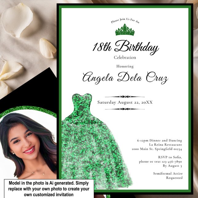 Elegant grön smaragdgrön klänning 18-årsdebut inbjudningar (Skapare uppladdad)