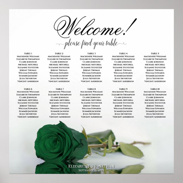 Elegant grön smaragdros 10 Bord Placeringsplan Poster (Framsidan)