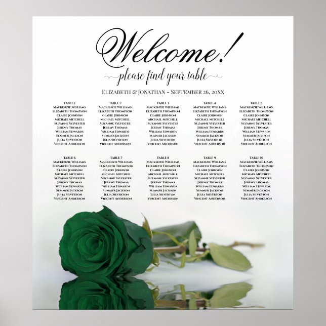Elegant grön smaragdros 10 Bord Placeringsplan Poster (Framsidan)
