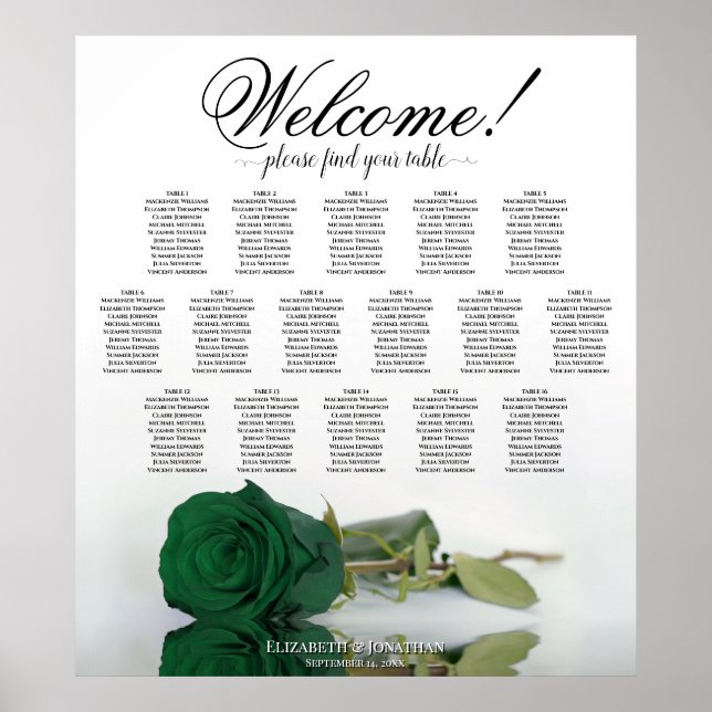 Elegant grön smaragdros 16 sittplatser bordskarta poster (Framsidan)