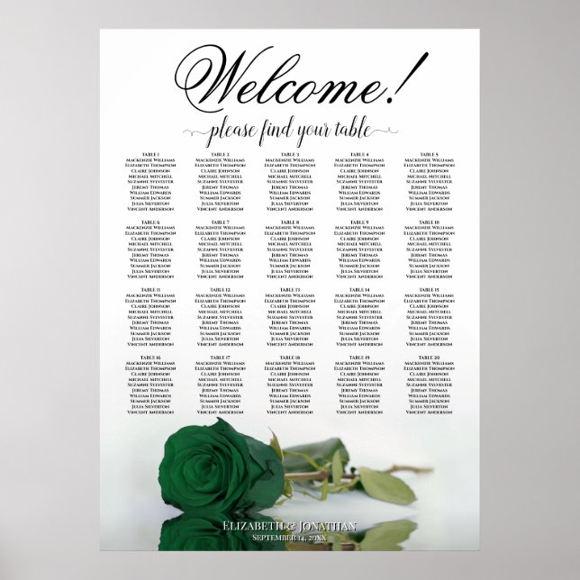 Elegant grön smaragdros 20 sittplatser bordskarta poster (Framsidan)