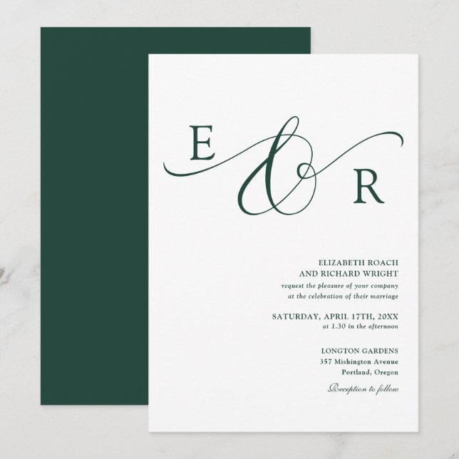 Elegant grön smaragdskrift Monogram Bröllop Inbjudningar (Fram/baksida)