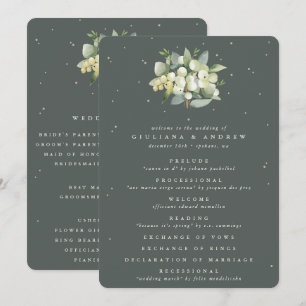 Elegant grön snöbär + eukalyptus bröllopsbukett program