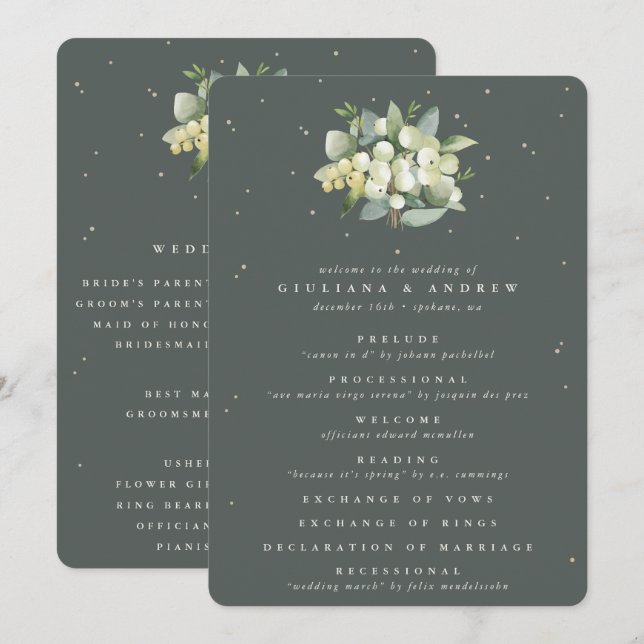 Elegant grön snöbär + eukalyptus bröllopsbukett program (Fram/baksida)
