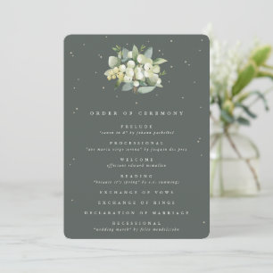 Elegant grön snöbär + eukalyptus bröllopsbukett program